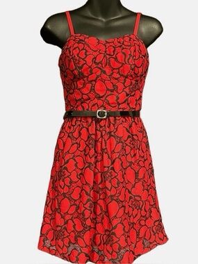 Lily Rose Red Dress with Black Lace Pattern and Spaghetti Straps